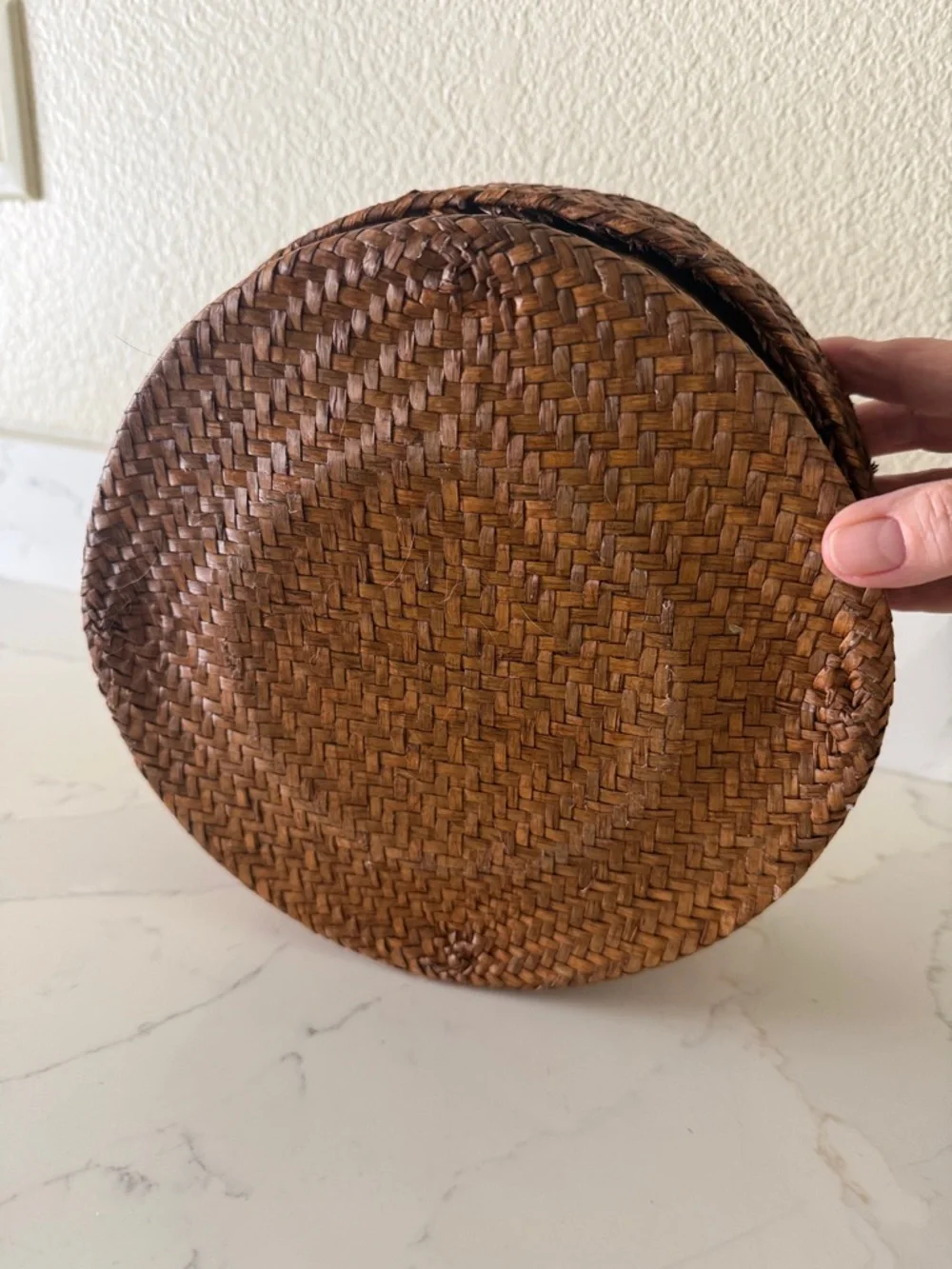 Vintage Woven Basket with Lid Bamboo Handle